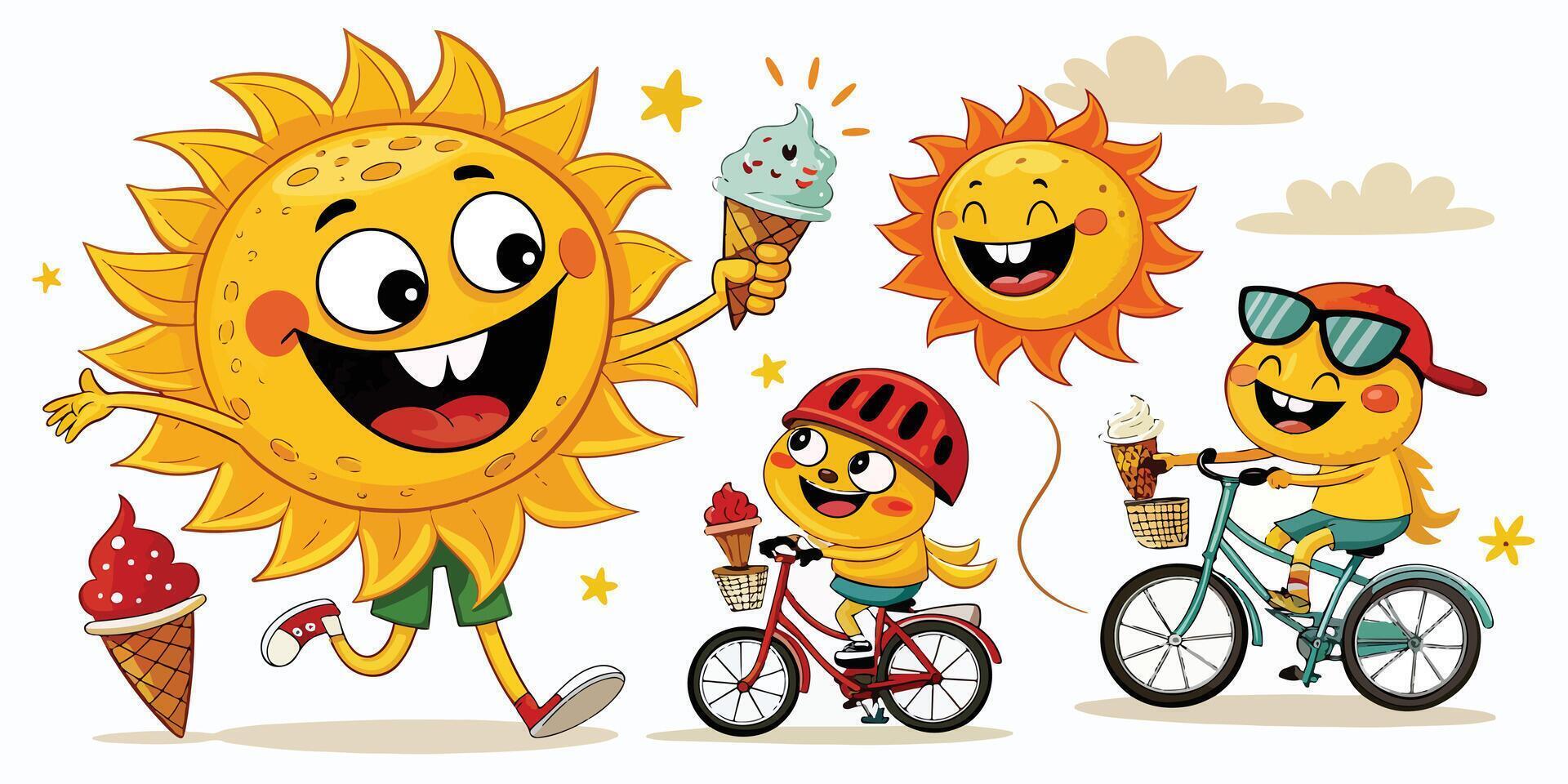 Joyful Sun Characters Enjoying a Sunny Day with Ice Cream and Bicycles vector