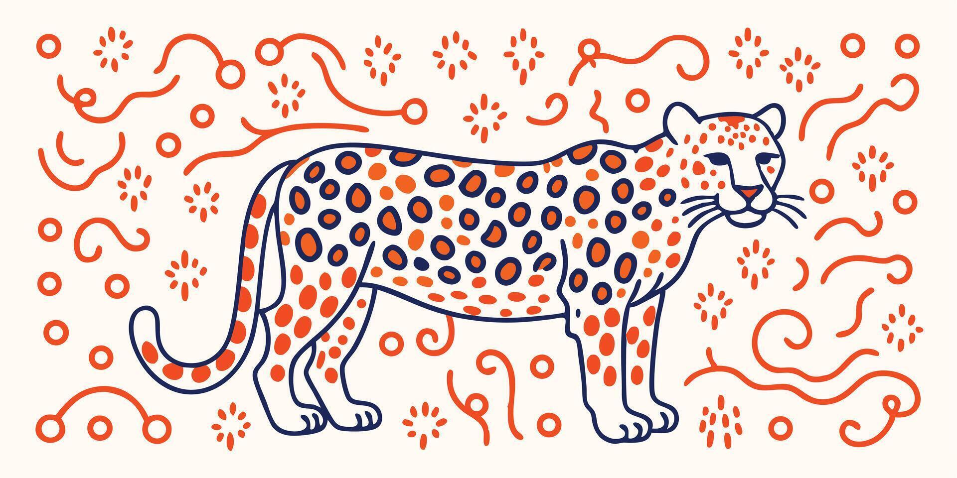 Stylized Leopard Illustration with Abstract Orange and Blue Design Elements vector