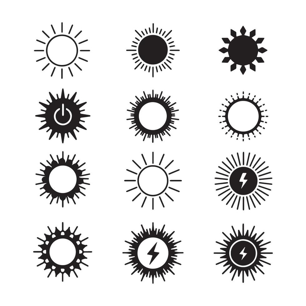 Twelve Unique Sun Icons Set Black and White Solar Energy Symbols Power Button Graphic Design Elements vector
