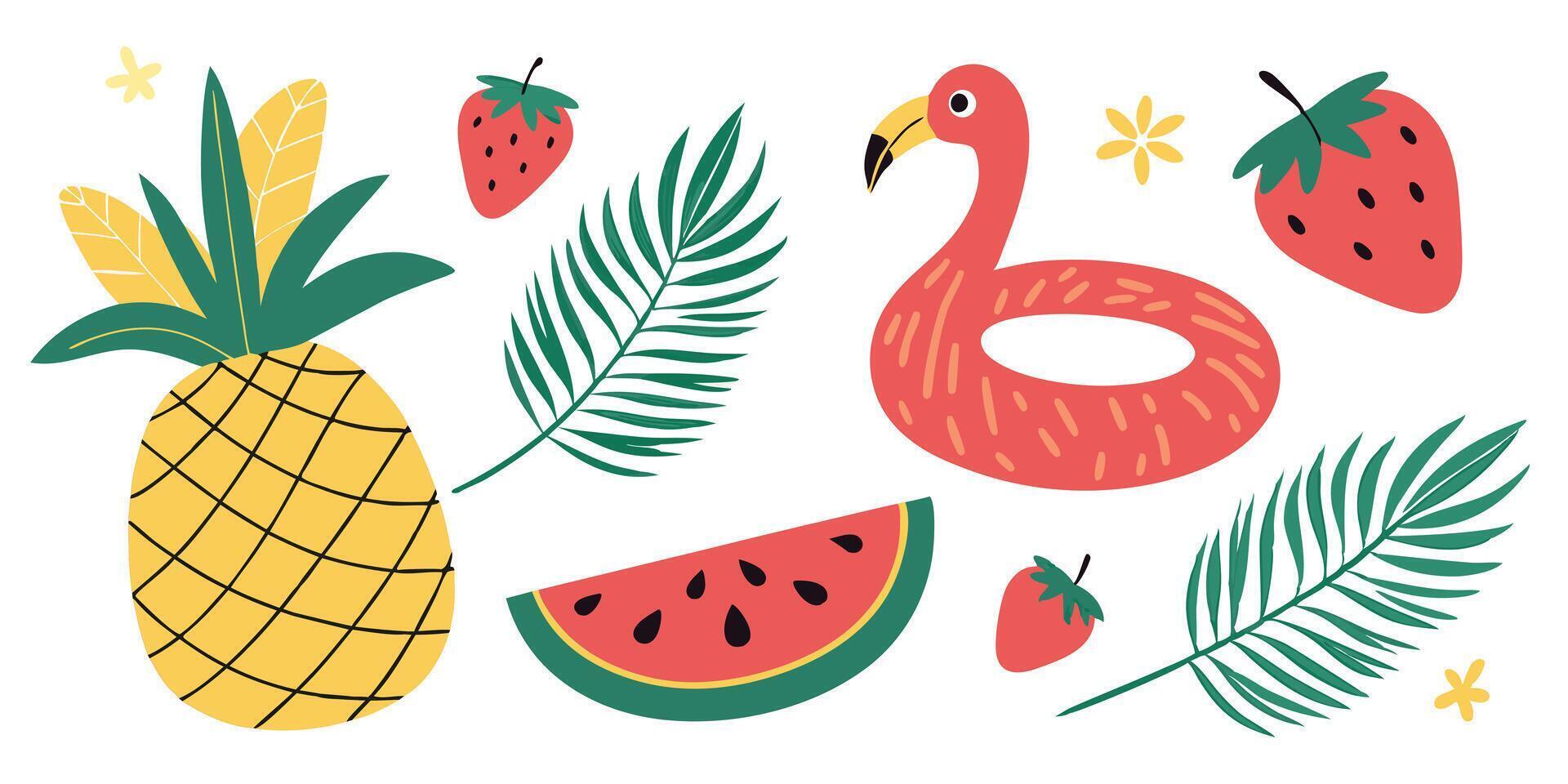 Vibrant Summer Collection Featuring Pineapple Watermelon Strawberries and Flamingo Float vector