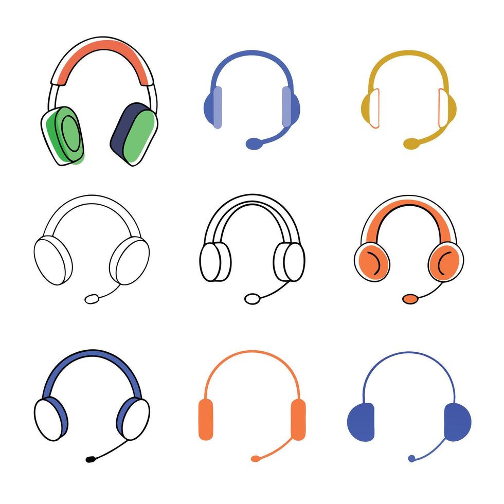 Headphones icon set features audio, sound, and music symbols for web design, illustrating stereo headset technology vector