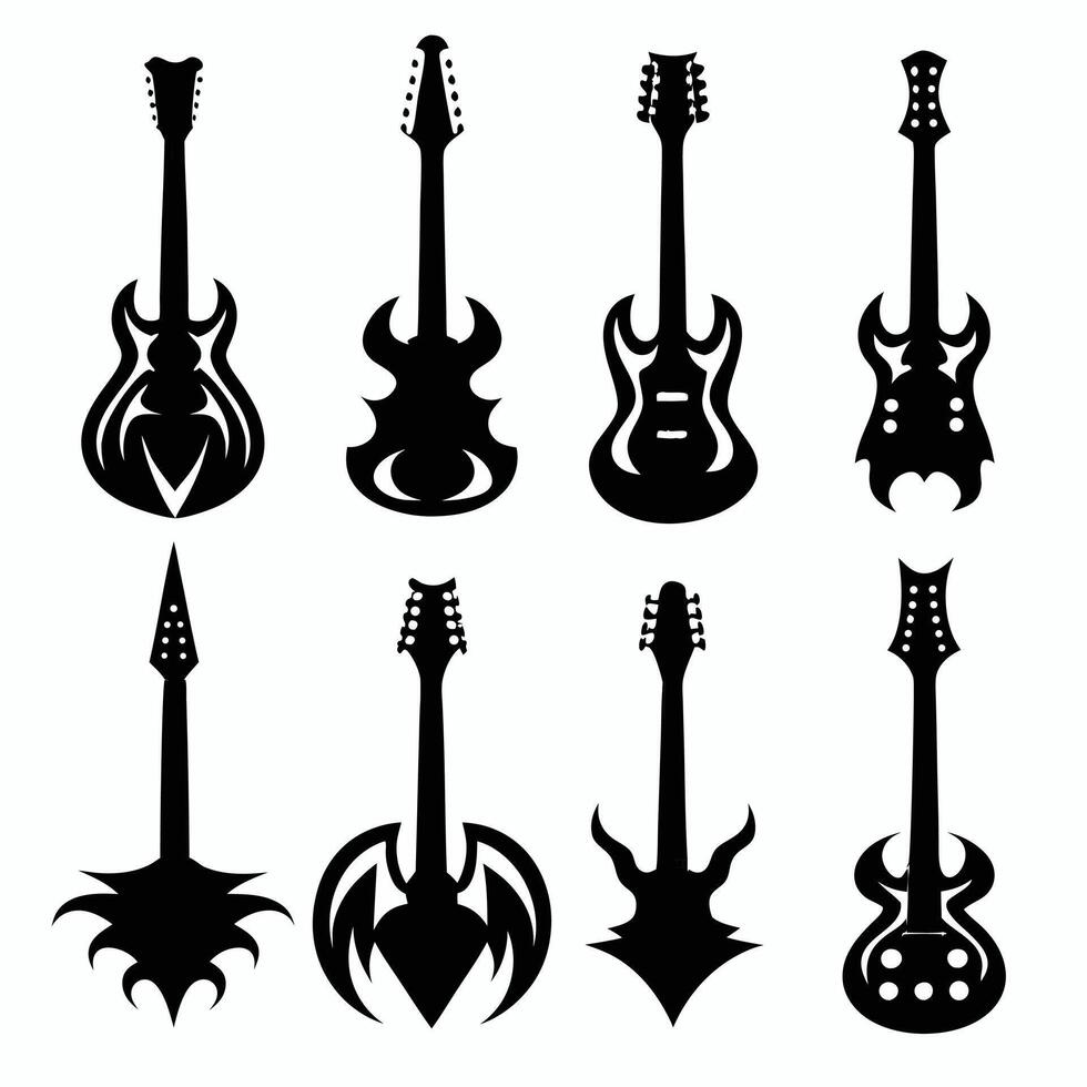 Collection of Eight Black Electric Guitar Silhouettes vector