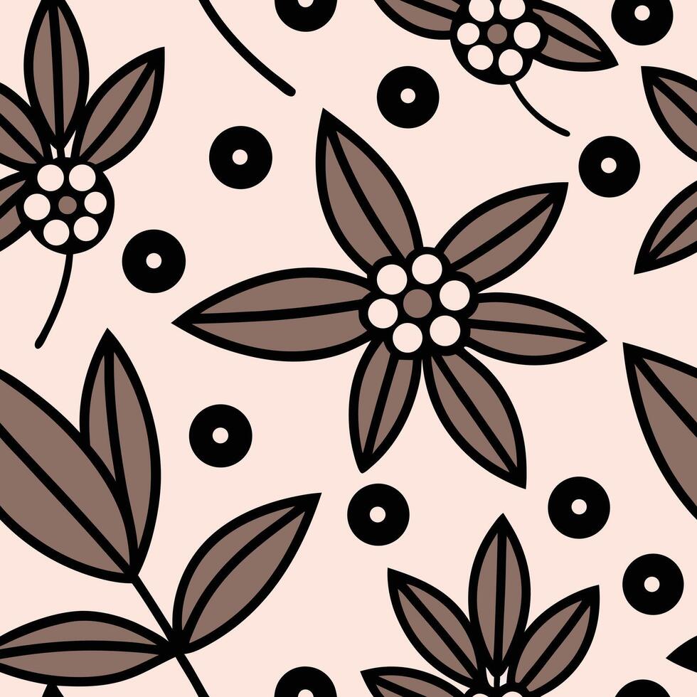 Seamless Pattern with Stylized Flowers Leaves and Circles in Brown and Beige vector