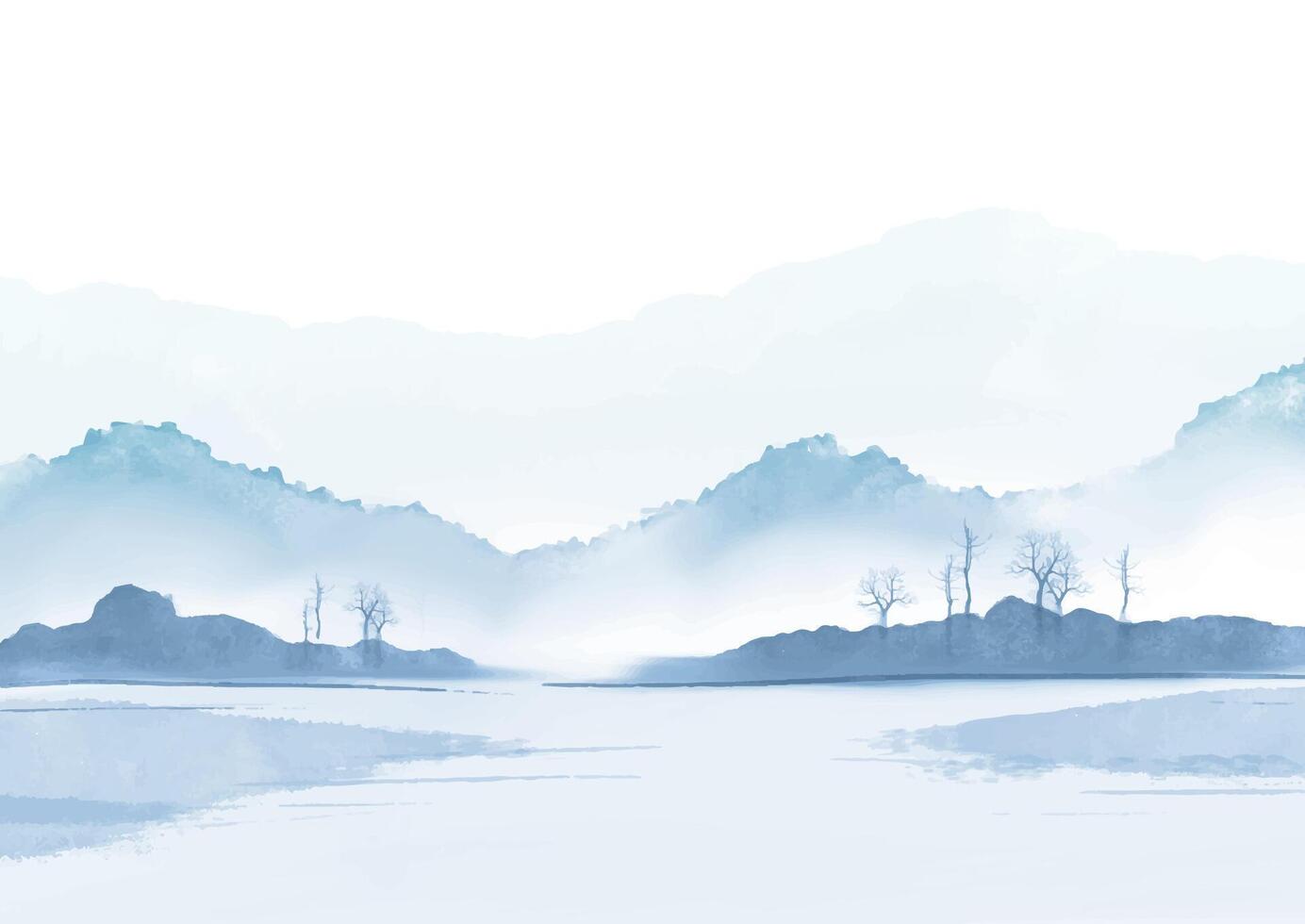 Abstract hand painted minimal watercolour landscape background with trees and mountains vector