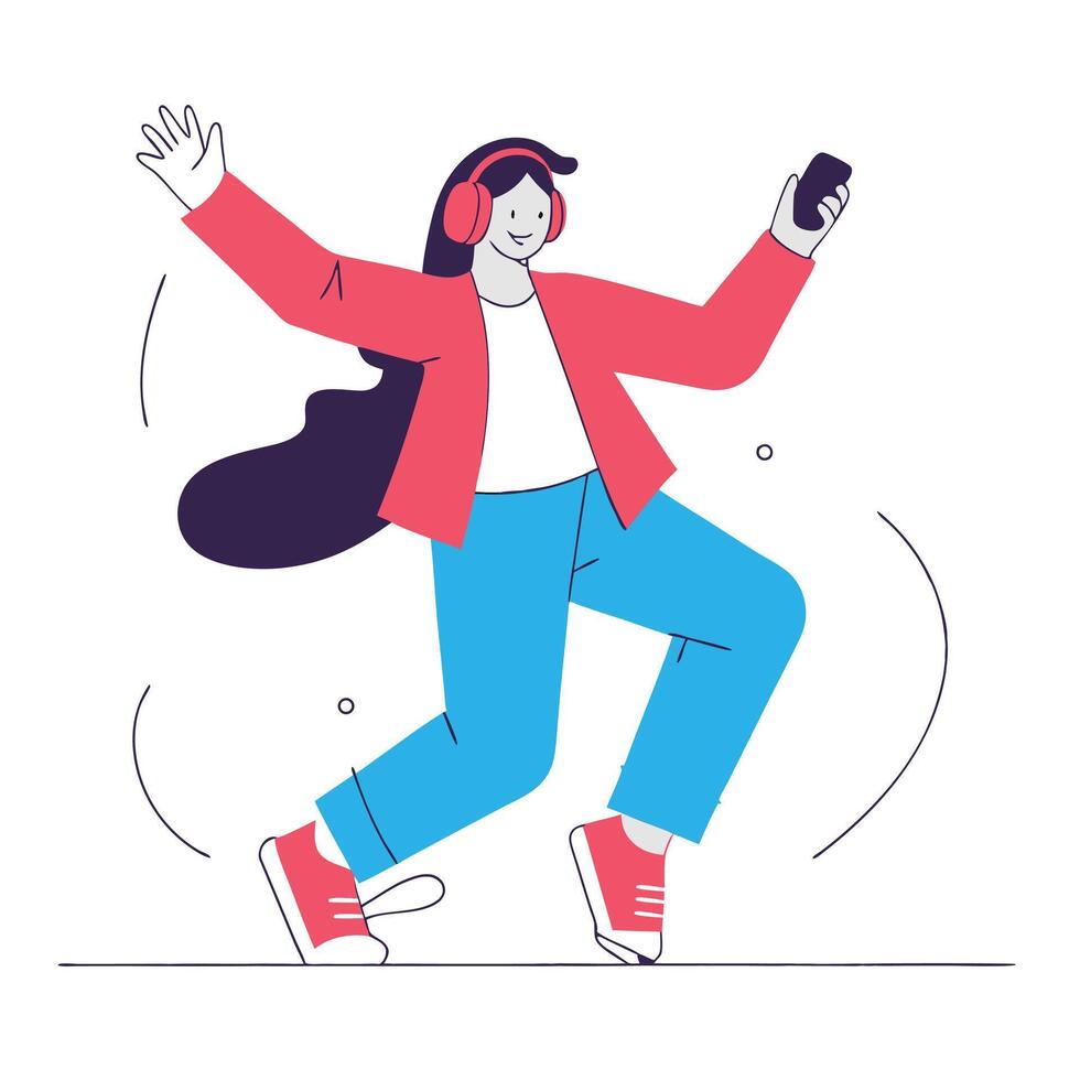 Happy Woman Dancing with Headphones and Smartphone vector