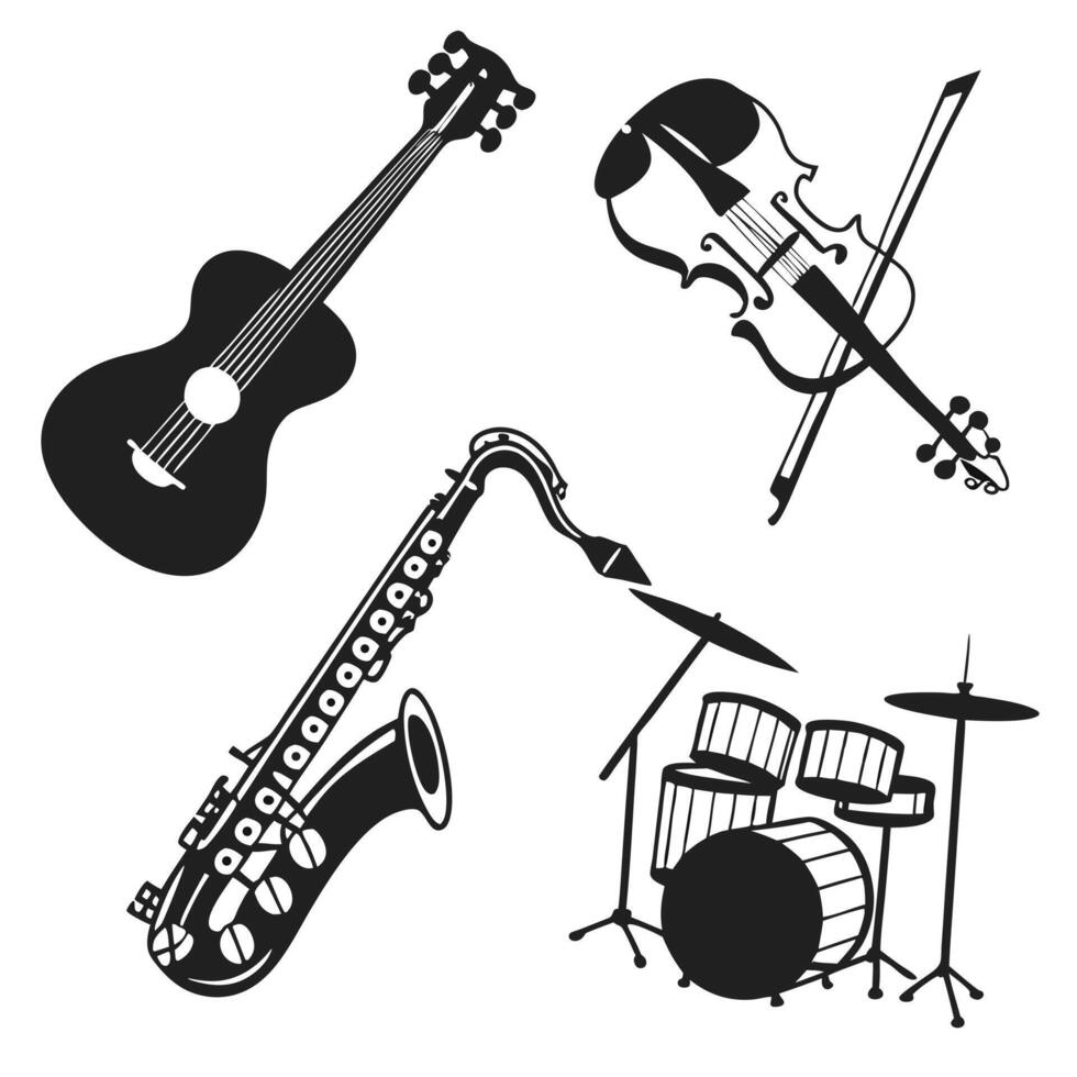 Musical Instruments Silhouette Set Guitar Violin Saxophone Drums vector
