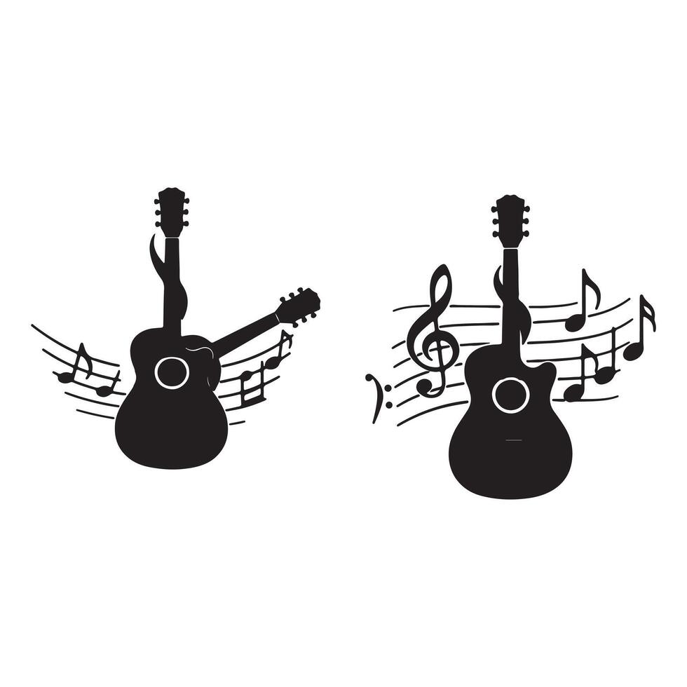 Acoustic Guitar Silhouettes with Musical Notes vector