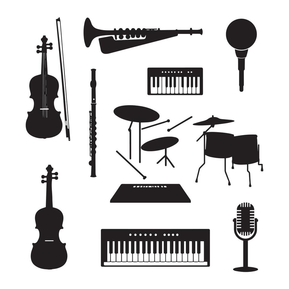 Collection of Black Silhouettes Musical Instruments vector