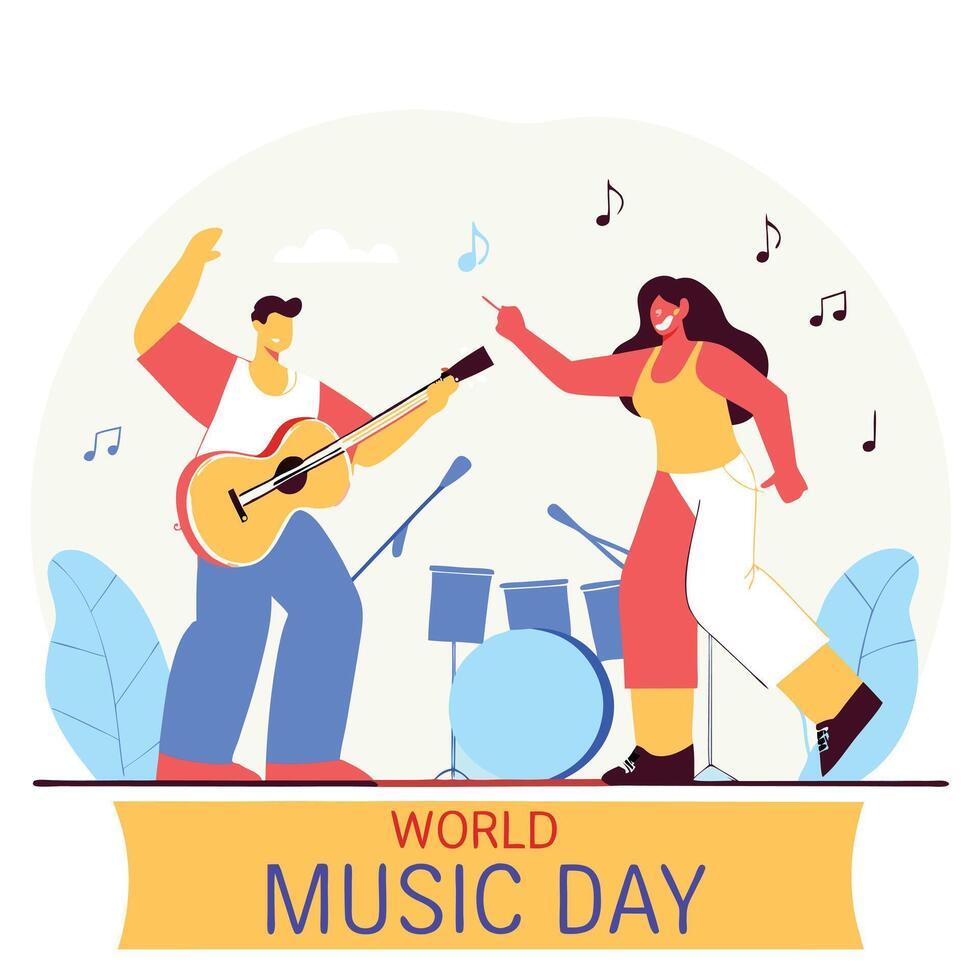 Happy World Music Day Celebration with Musicians Playing Instruments vector