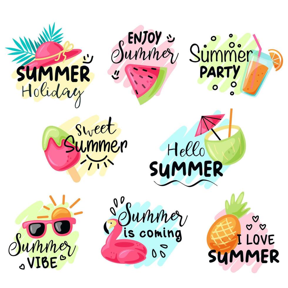 set of summer stickers with inscriptions vector