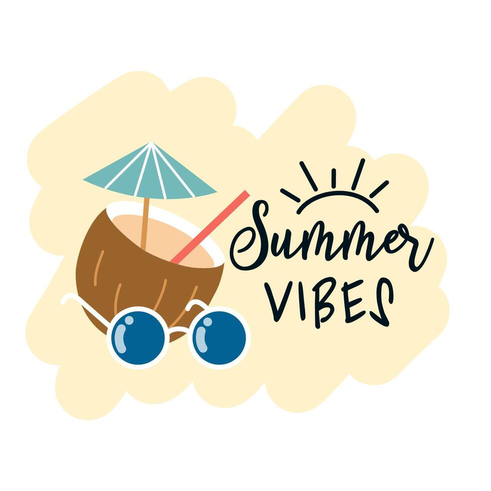 summer illustration coconut with umbrella, straw and sunglasses vector