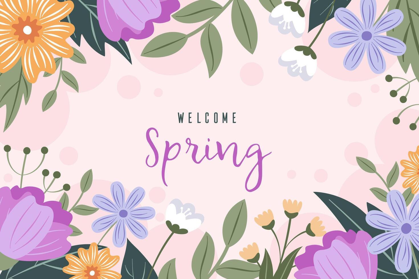 Welcome, spring. Spring decoration. Floral background with blooming flowers and leaves. vector