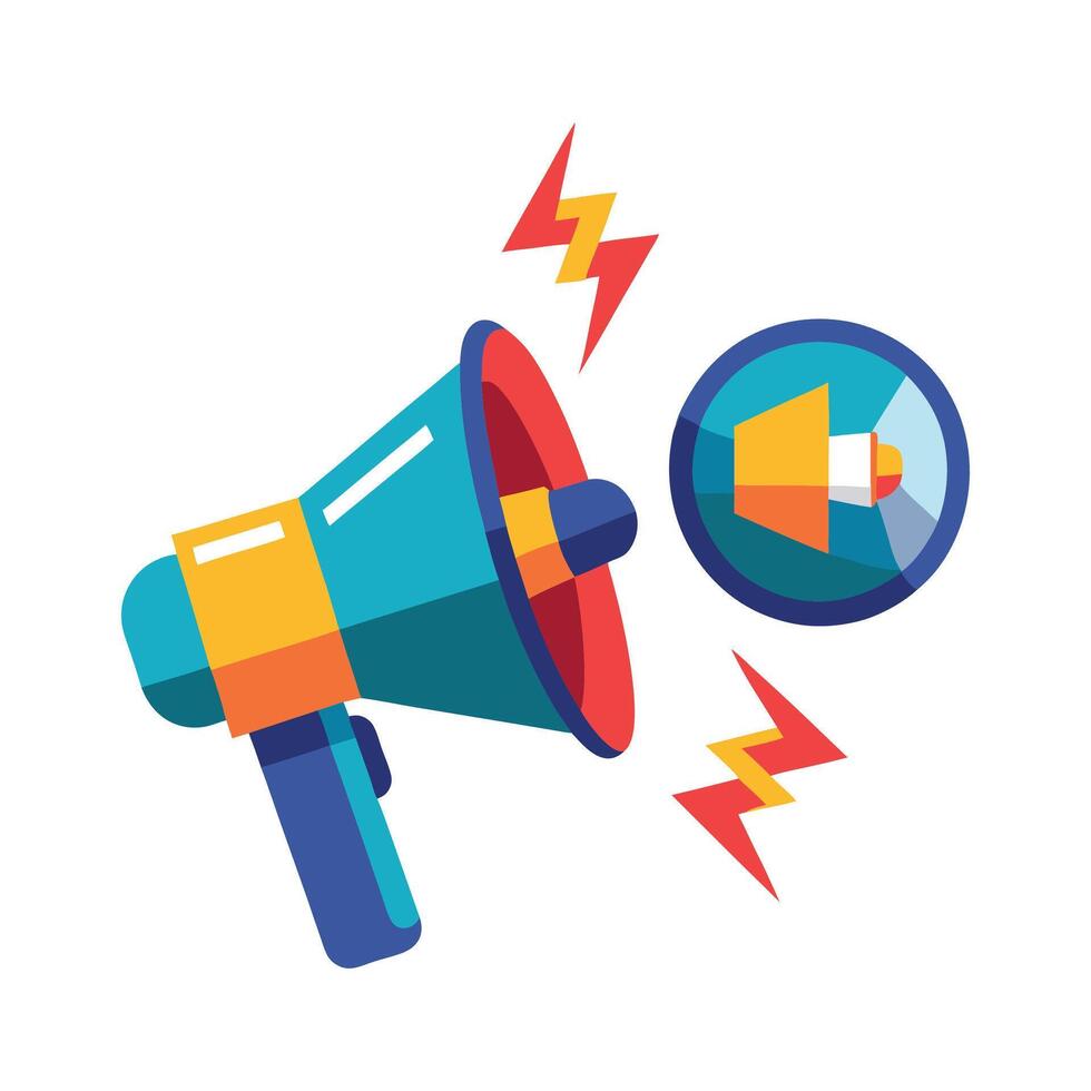 A blue megaphone with an orange handle and a light blue circle with a white lightning bolt in it surrounded by colorful bolts and a green arrow vector