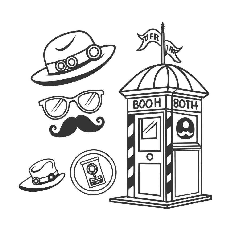 Black and white handdrawn illustrations of various objects vector