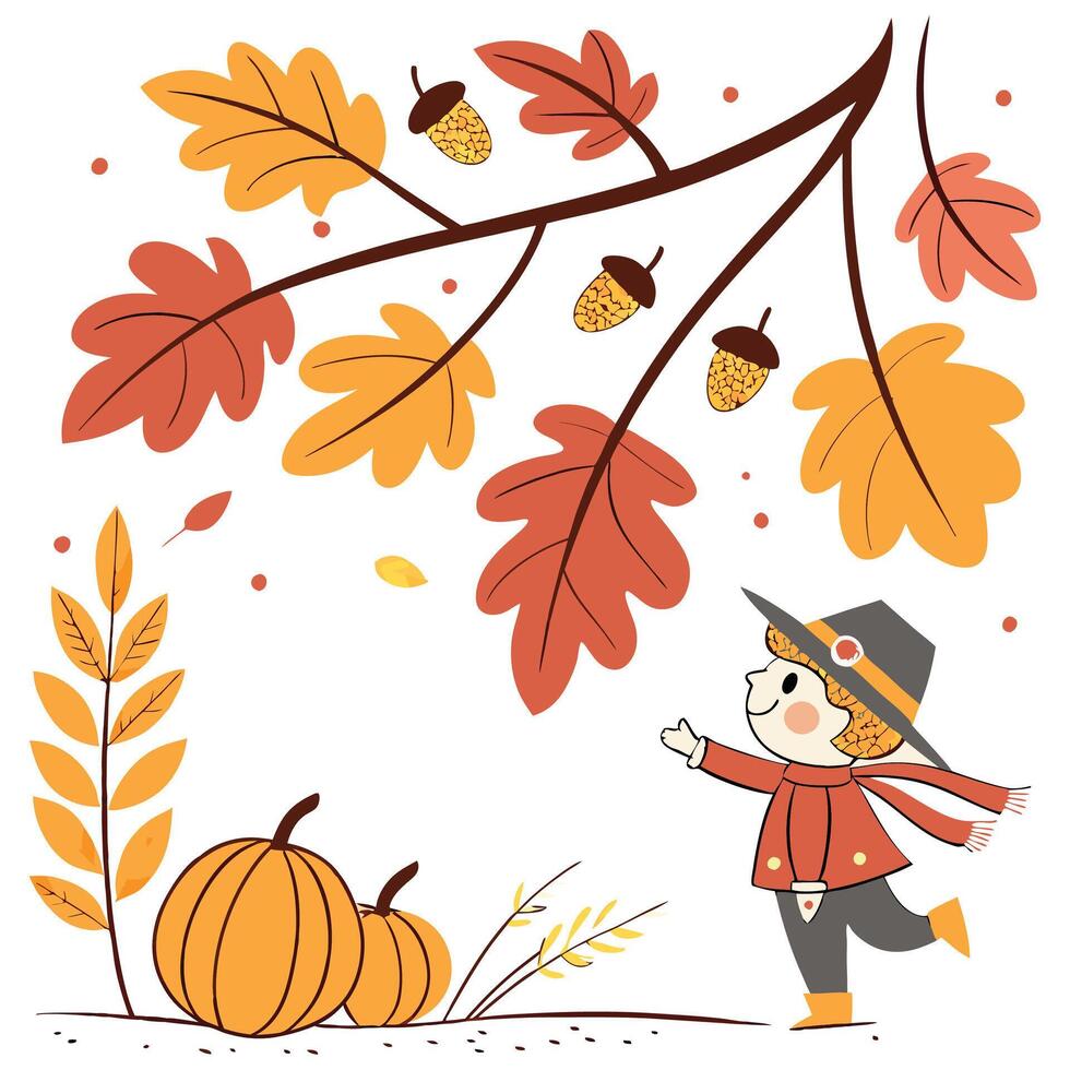A close up of a person wearing a hat and scarf with pumpkins and leaves vector