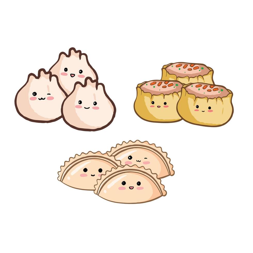 funny cartoon dumplings dimsum set illustration art vector