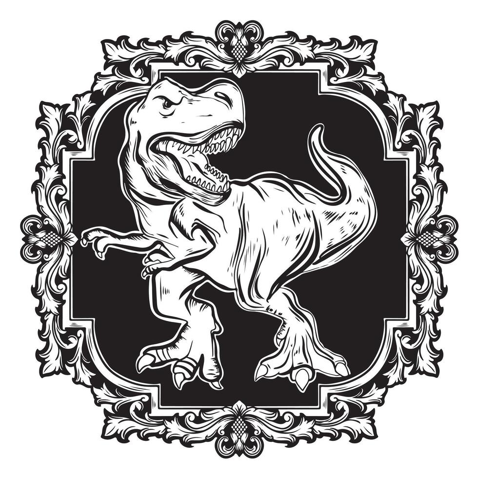 black and white dinosaur with frame engraving ornament illustration art vector