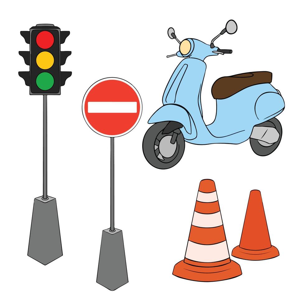 motorcycle and traffic light on a white background illustration art vector