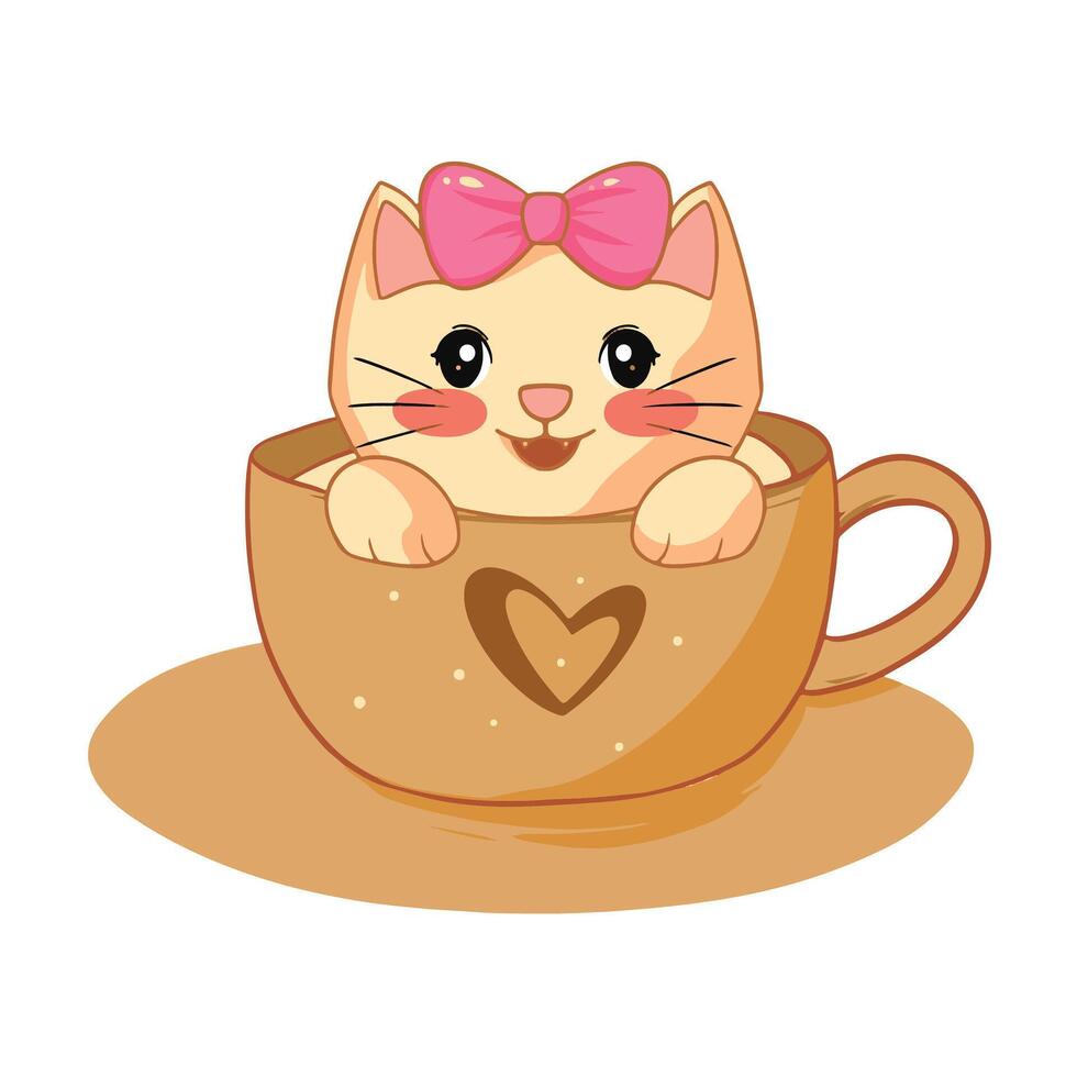 cat with a cup of tea illustration art vector