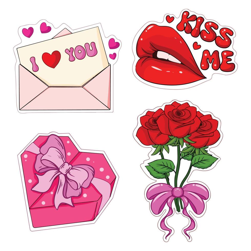 envelope with roses lips letter valentine set illustration art vector