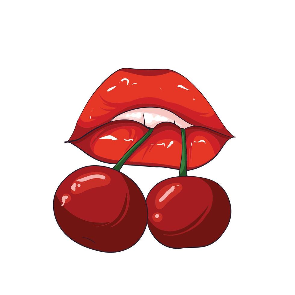 red cherry on lips with a white background illustration art vector