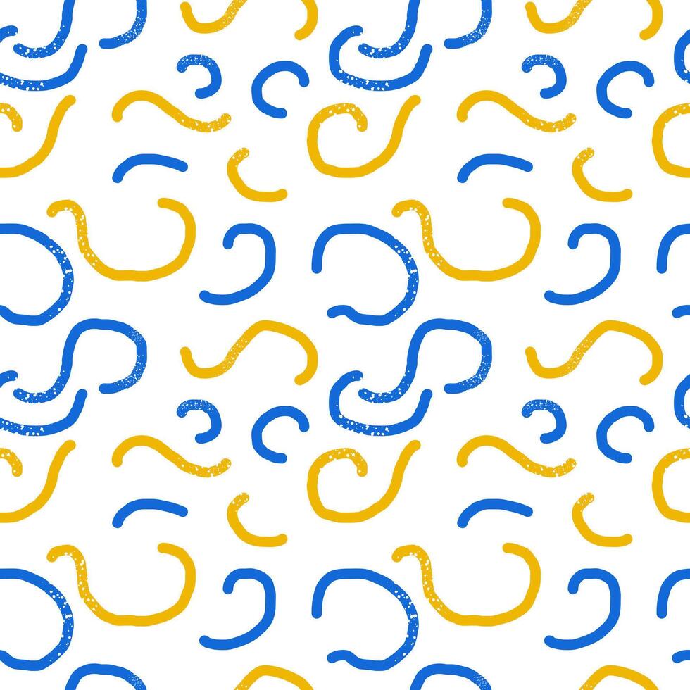 Trendy fun seamless pattern hand drawn in childish doodle style in stylish colors, swirls in blue and yellow with grainy texture on white background vector