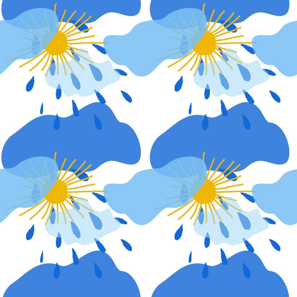 Seamless pattern of yellow sun and clouds of different shades of blue with raindrops in children's style hand drawn for posters, cards, stickers. Seamless pattern on pastel soft blue vector