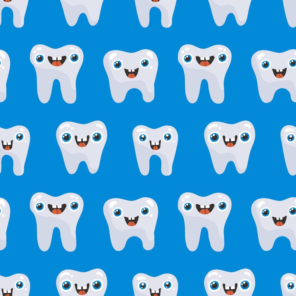 Seamless pattern with cute teeth on a blue background, . vector