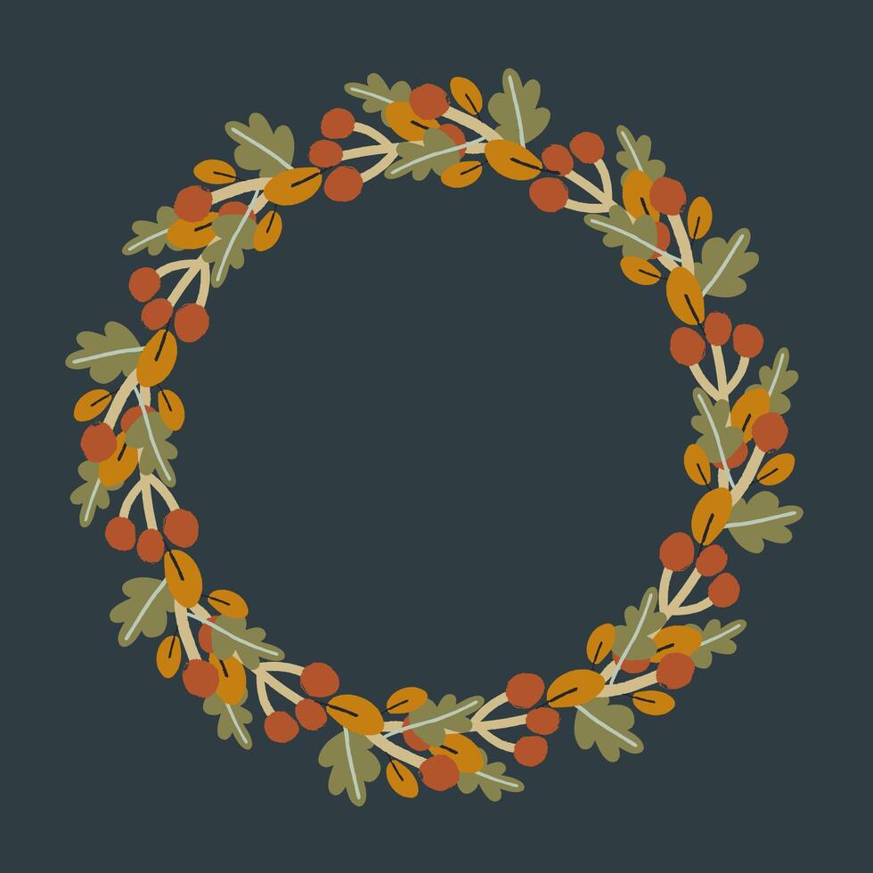 Round wreath of autumn orange and dark green leaves on a dark background. vector