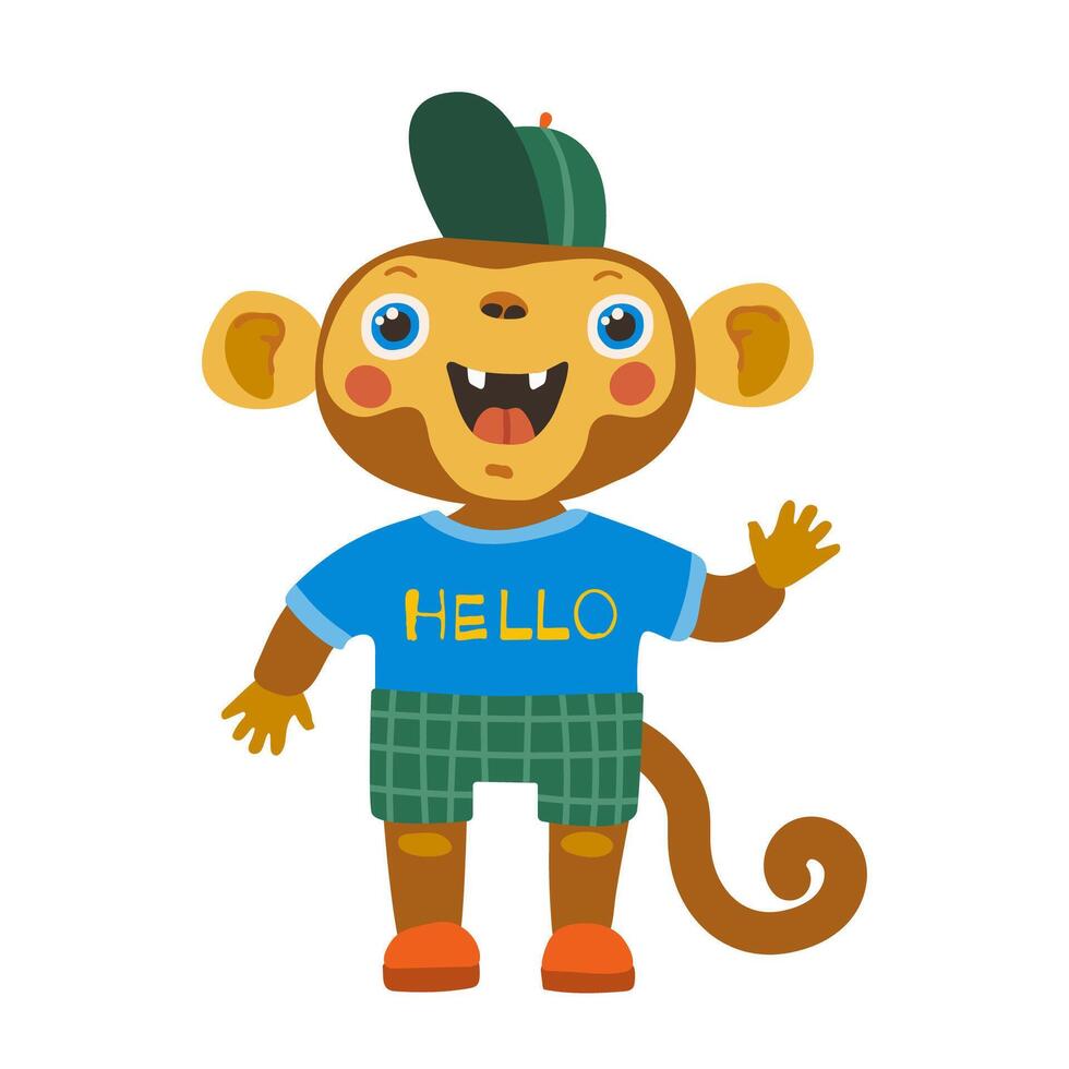 A cheerful monkey in shorts, a T-shirt and a cap on a white background vector
