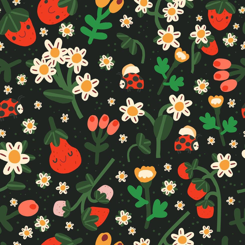 seamless pattern with strawberry and ladybug. Trendy summer background with hand drawn strawberry, flowers and ladybug. vector