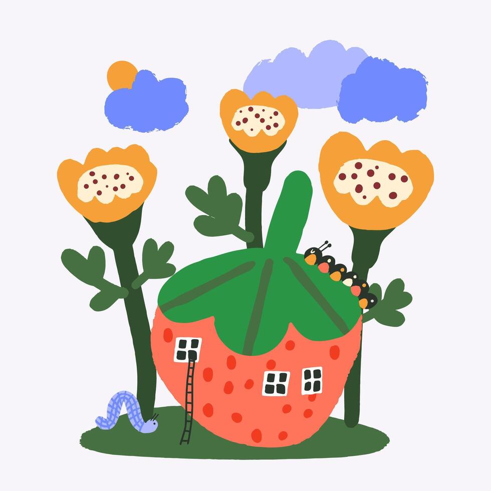 Cute small house made from pink strawberries. Fairytale home for gnome or fairy tale creature. vector