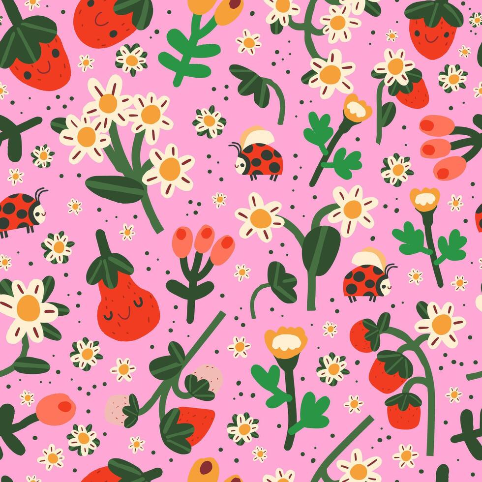 seamless pattern with strawberry flowers and ladybug on a pink background vector