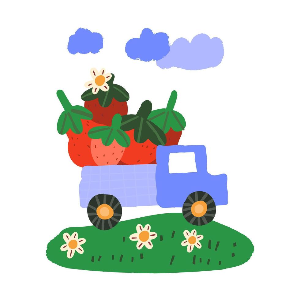 Purple truck is driving through a green meadow with white flowers and carrying a strawberry crop. vector