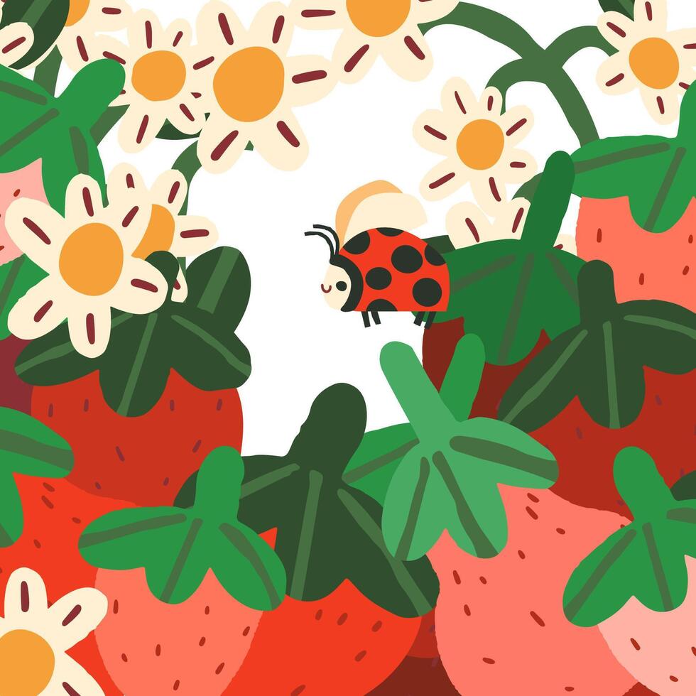 Cute ladybug flies around strawberries and flowers. Template for a postcard, poster or inscription. vector