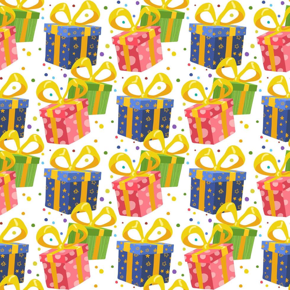 Seamless pattern with gift boxes, bows and confetti on a white background vector