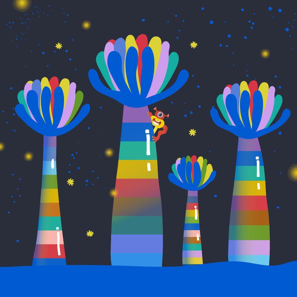 Cute illustration with colorful alien flowers and cute aliens and starry sky. vector