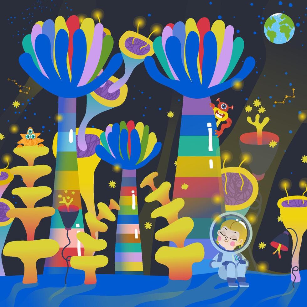 illustration of kids astronaut on a another planet trip across the fantasy galaxy vector