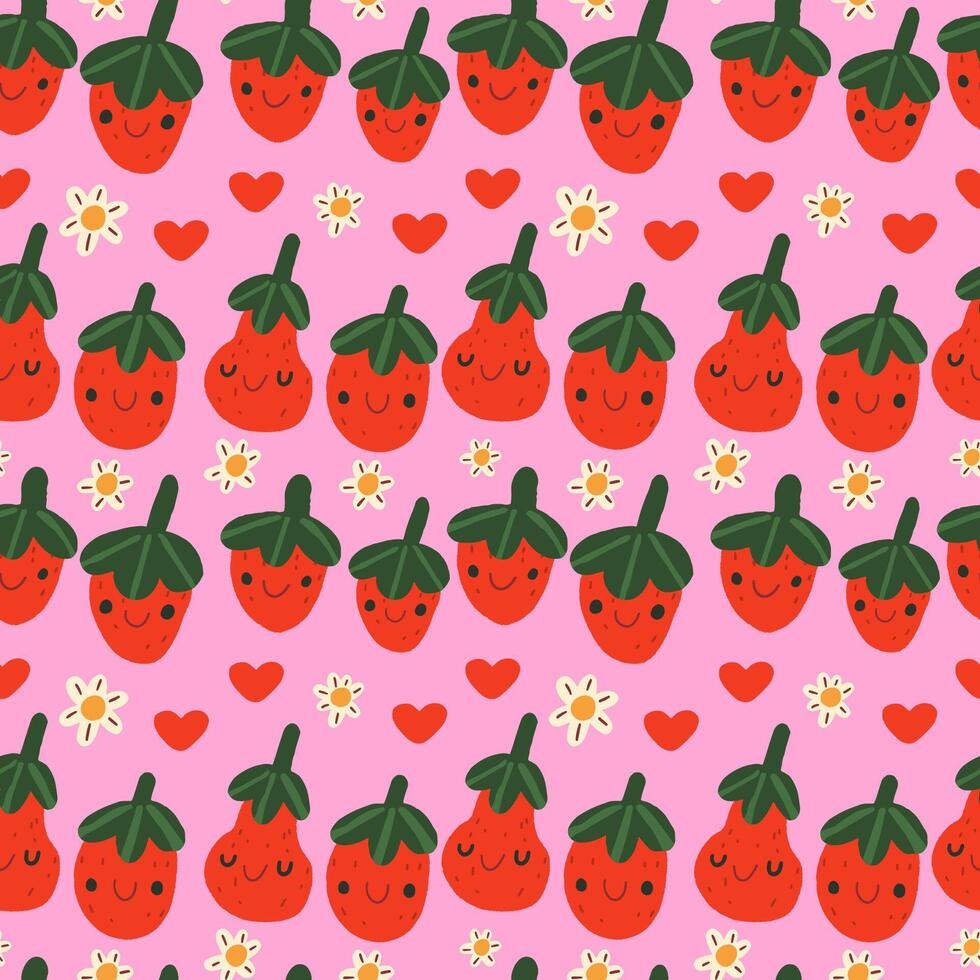 seamless pattern with strawberry and flowers. Trendy summer background with hand drawn strawberry, flowers. vector