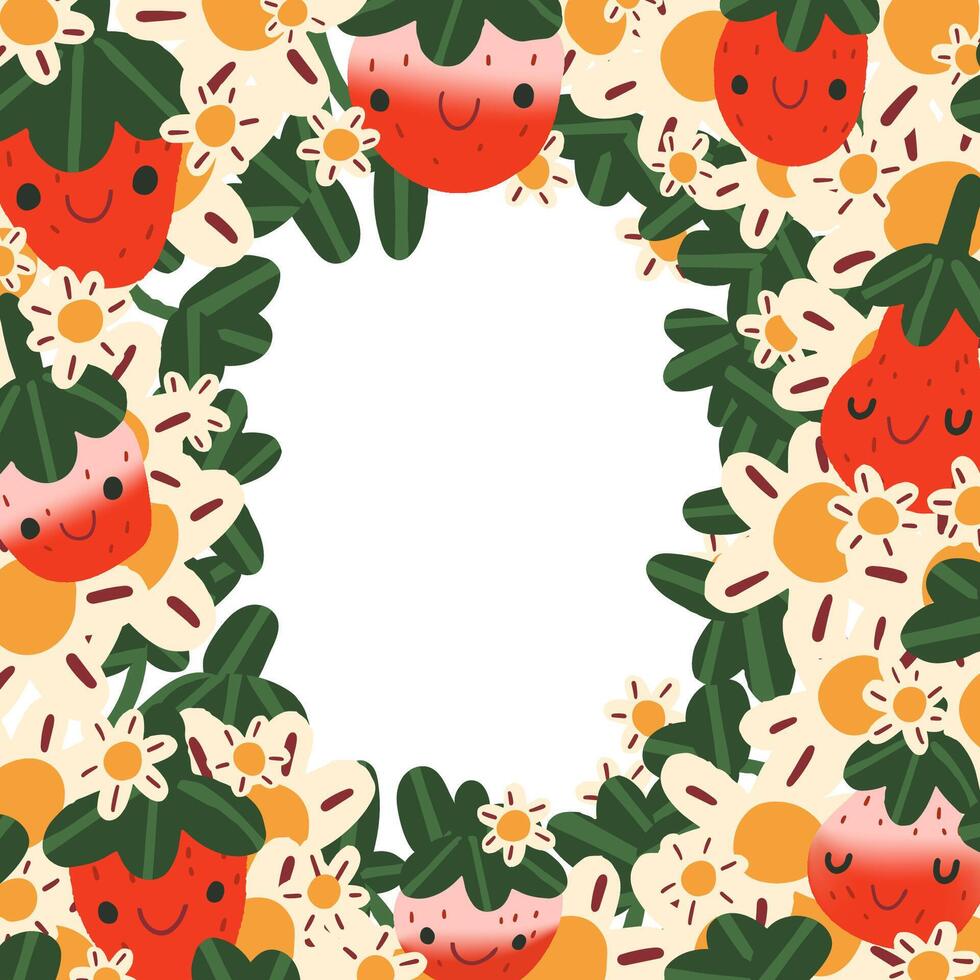 Bright colorful illustration template for a card with cheerful strawberries and flowers, illustration vector