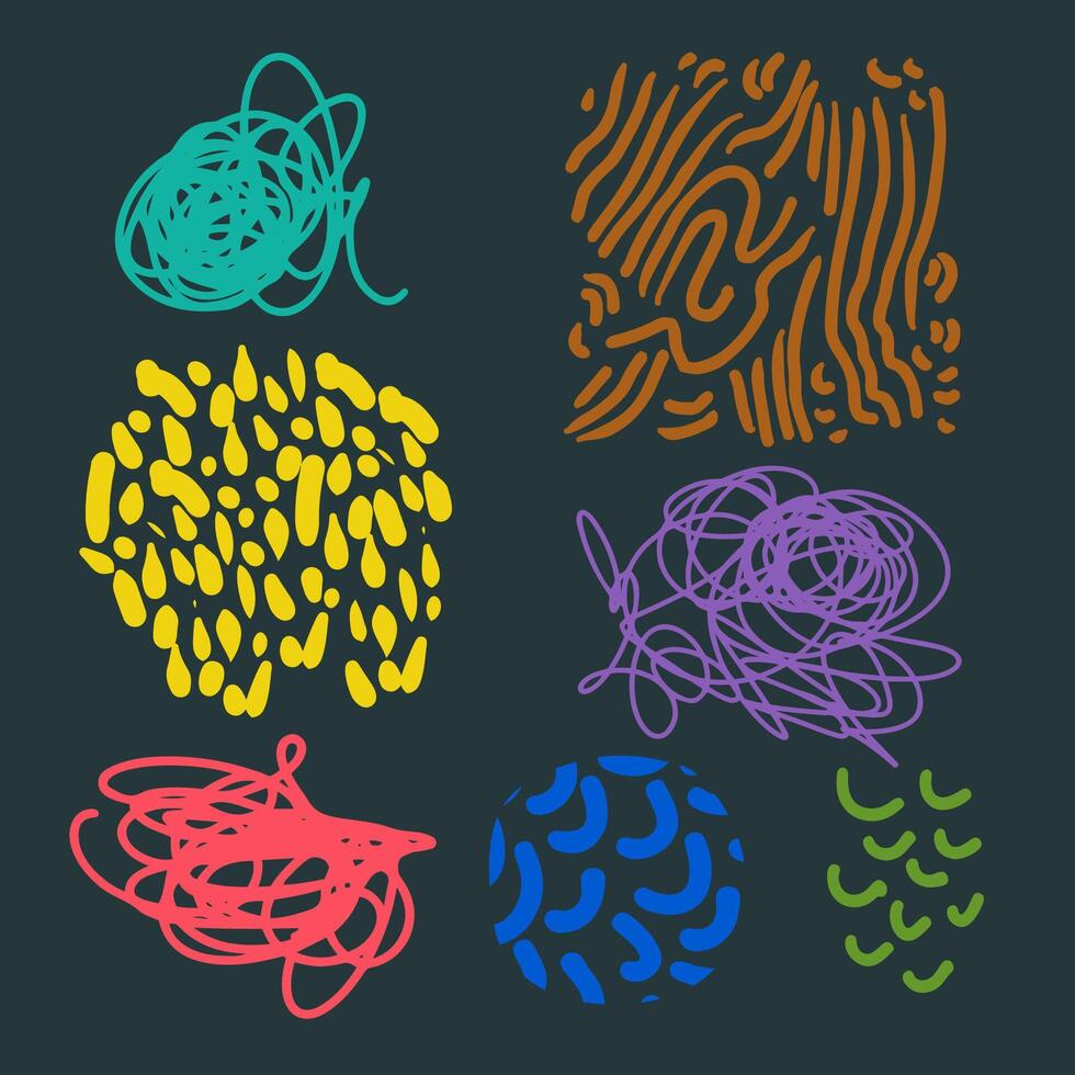Illustration of multi colored doodle blocks and hand-drawn spots on a dark background. vector