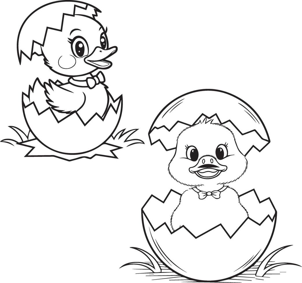 Cute Baby Ducks Hatching from Eggs Black and White Line Art vector