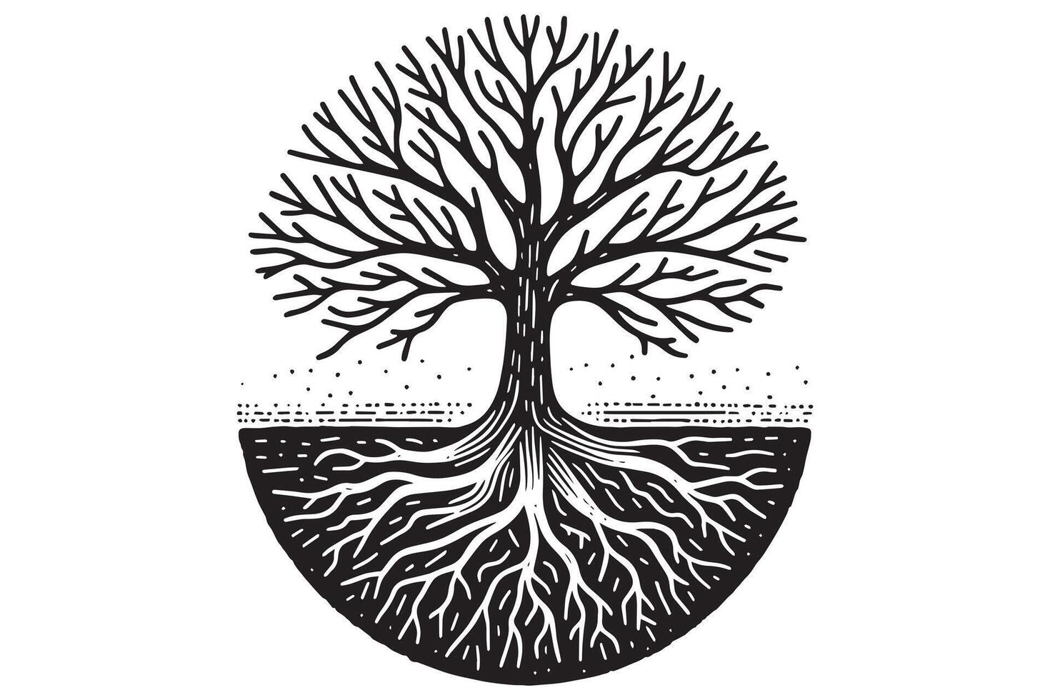 Organic Tree with Roots Hand Sketched Linocut vector