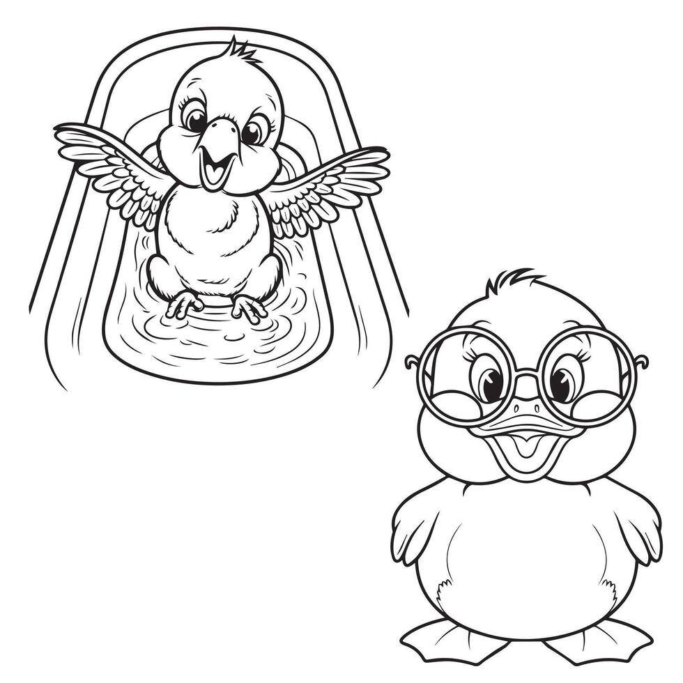 Adorable Baby Ducks One Swimming, One Wearing Glasses Outline vector