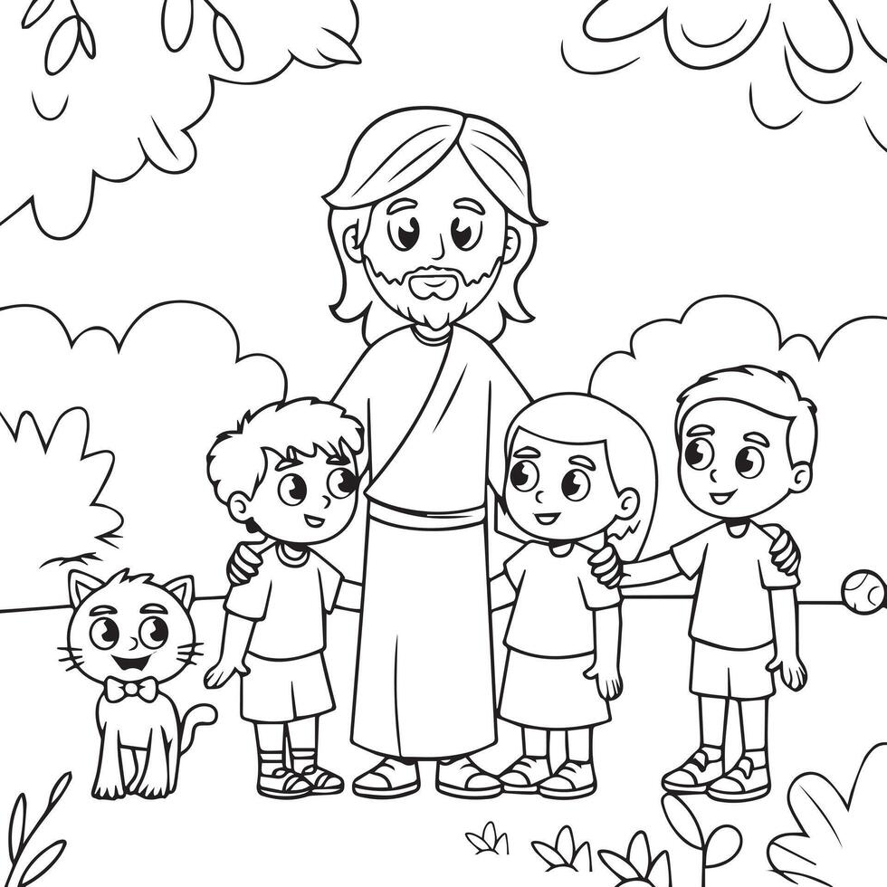 Christian Coloring Page Jesus with Kids and Cats vector