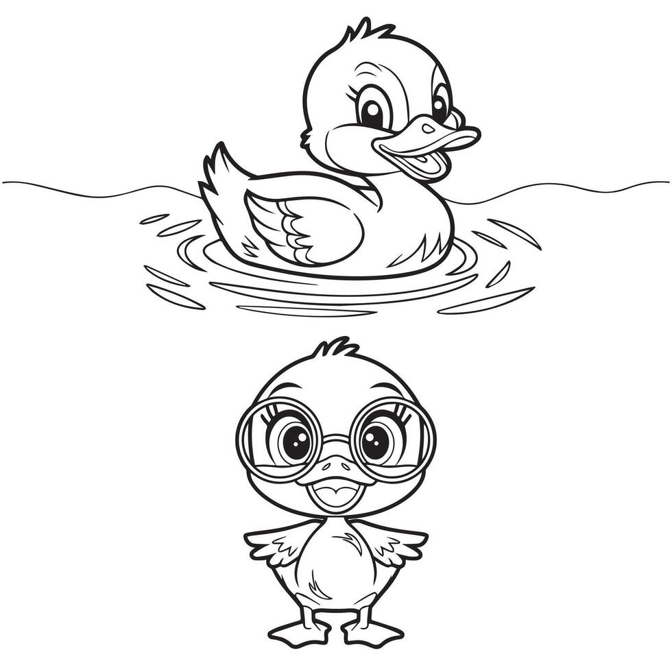 Hand Drawn Baby Ducks Swimming Duck and Cute Duckling in Glasses vector