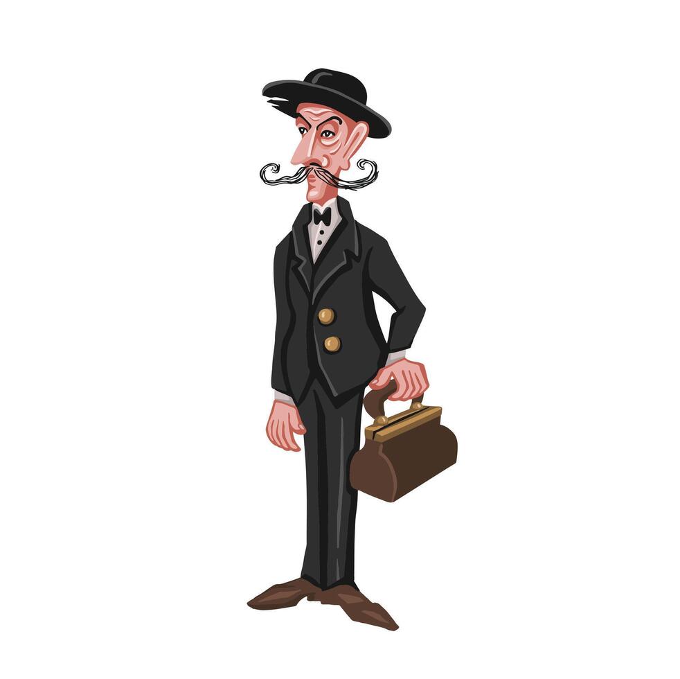 Colorful Old-fashioned man in hat with bag, cartoon style vector