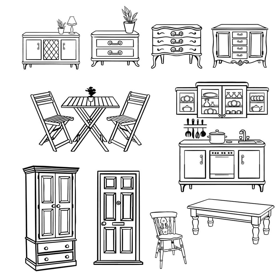 Set of wooden home furniture line outlines for home and garden, black monochrome vector