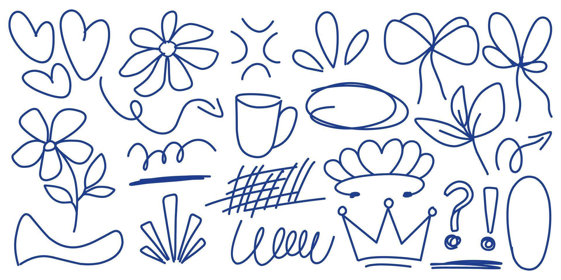 Hand-drawn of blue ballpen line art doodle creative of crowns, flowers, bows, abstract scribble, circle, question mark and more. vector