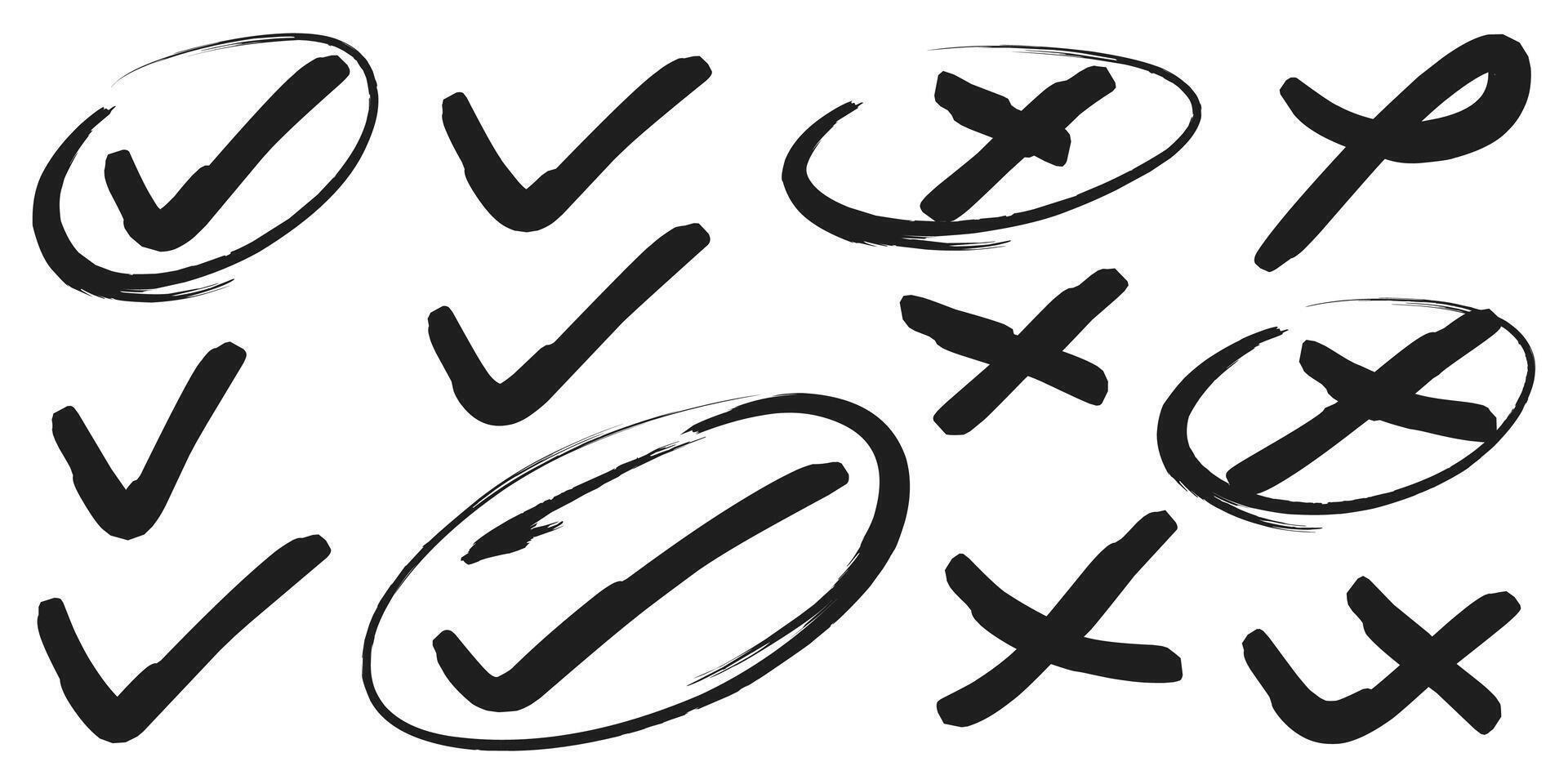Bold check marks and crosses icons set. vector